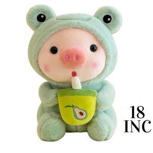 Cute BOBA Drink Pig Plush Pillow Pig Dressed Up as Frogs 18 INCH